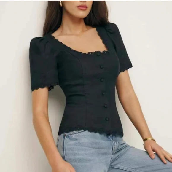 Reformation Elegant Black Lace-Trim Blouse - Picture 2 of 8